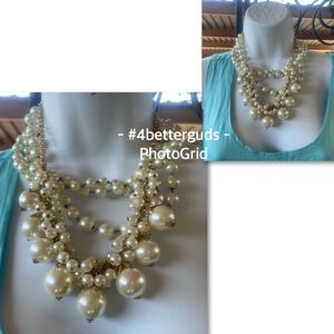 Set 2 Bold Artistic Statement Cascading Necklace Faux Pearls Discs Balls